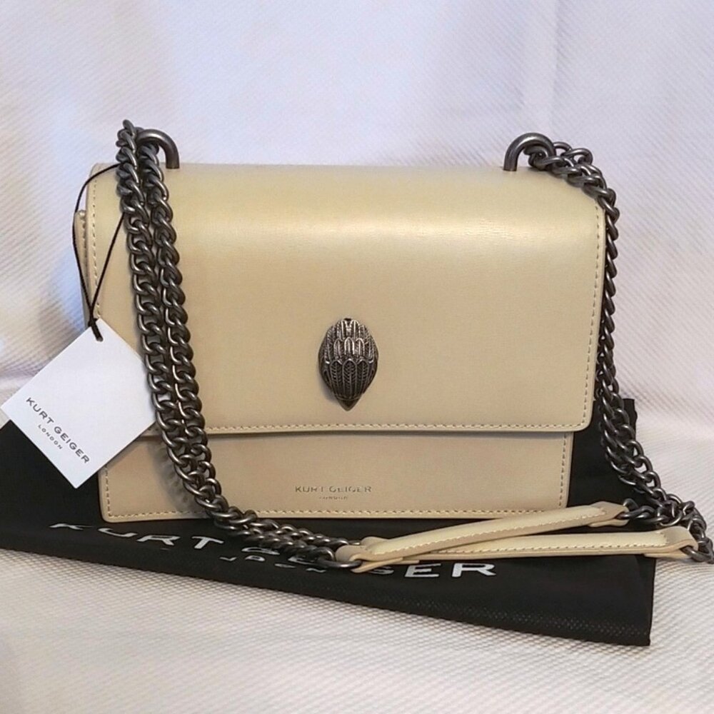 Kurt Geiger Leather Shoreditch Flap Cnvrtbl Corssbody Bag in Bone w/Mirror NWT